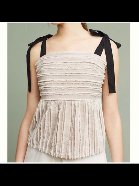 Anthropologie Tops - Anthropologie Cream Textured Ruffle Camisole with Black Tie Straps
